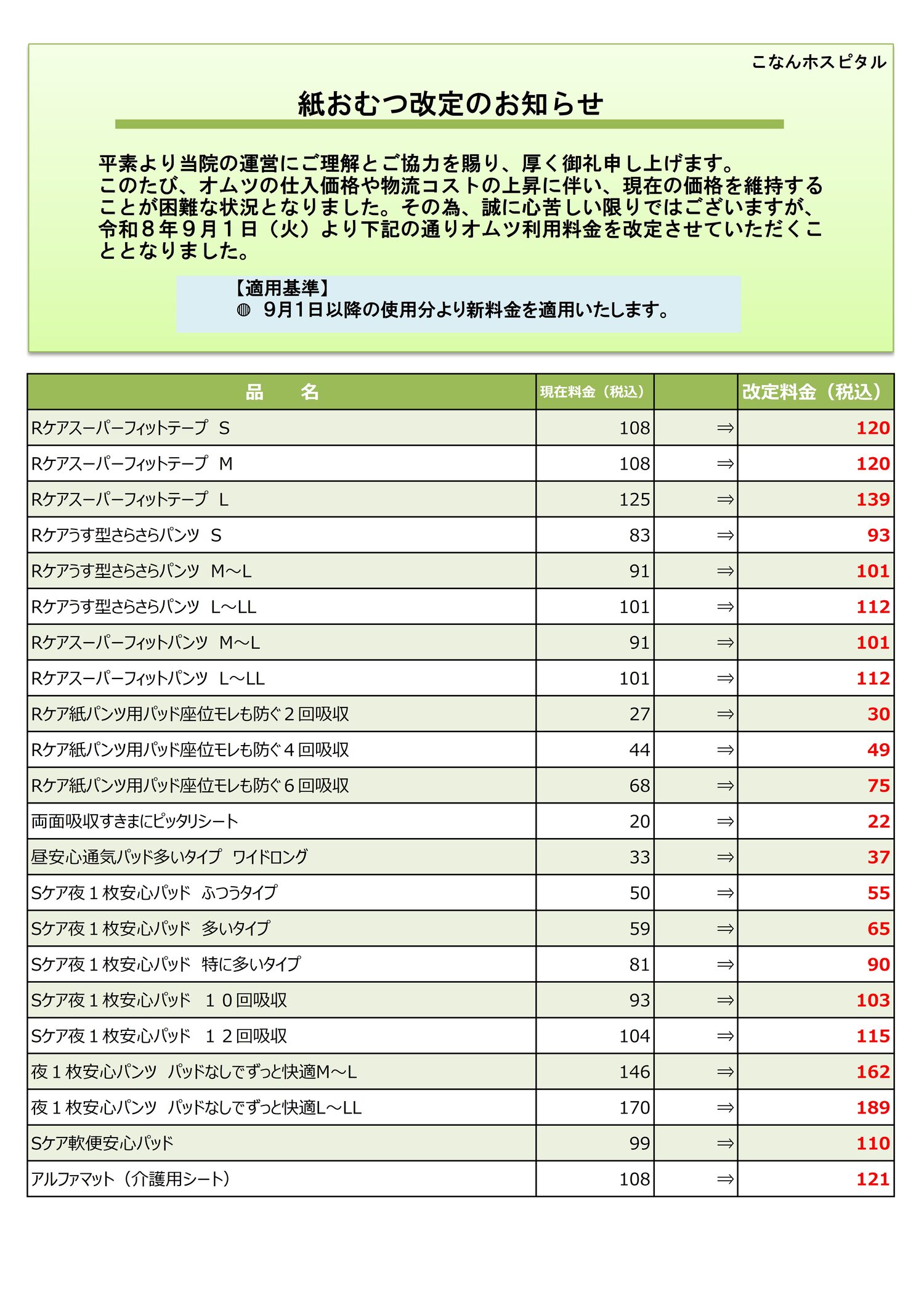 オムツ代価格改定