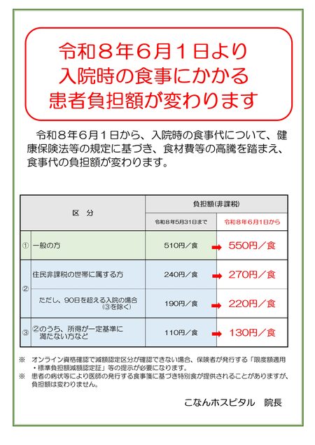 食事負担金の値上げ説明チラシ(入院者への請求書に同封) 